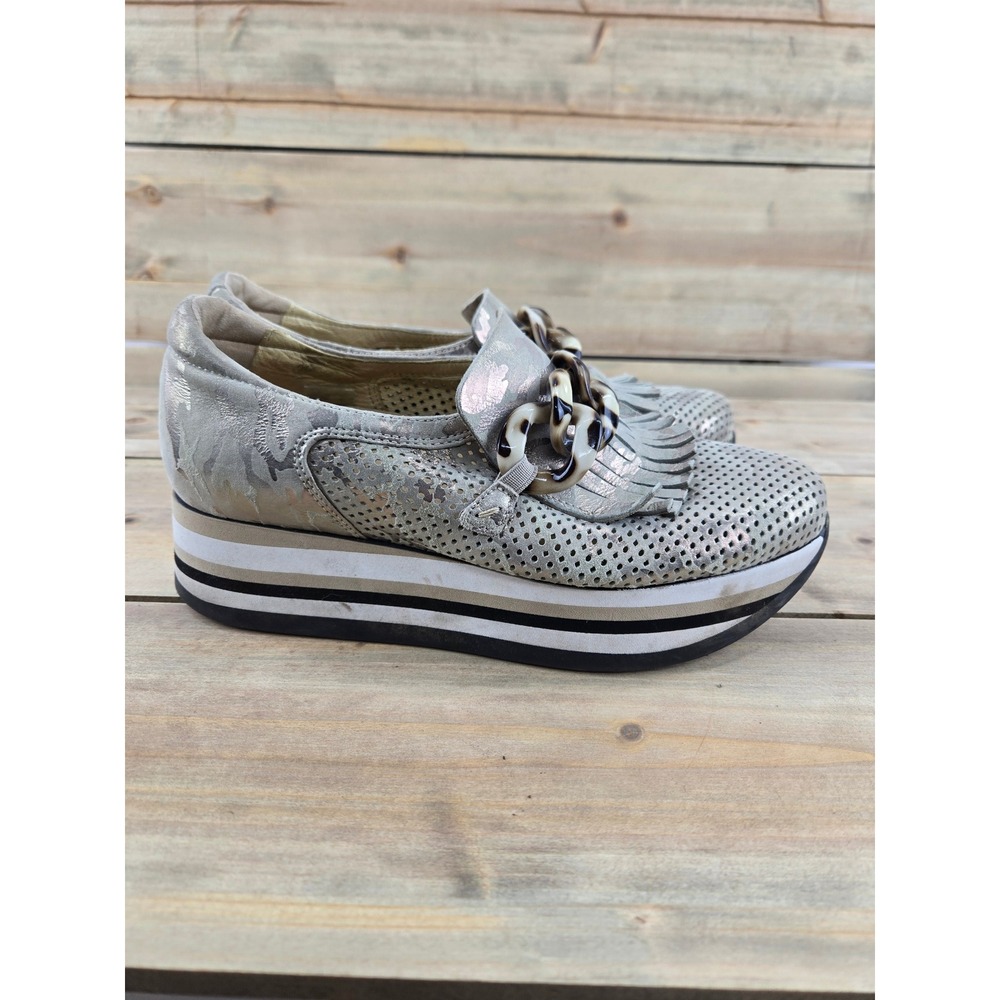 Softwaves Cadie Metallic Khaki Camo Leather Platform Slip-On Sneaker 37.5 US 7.5